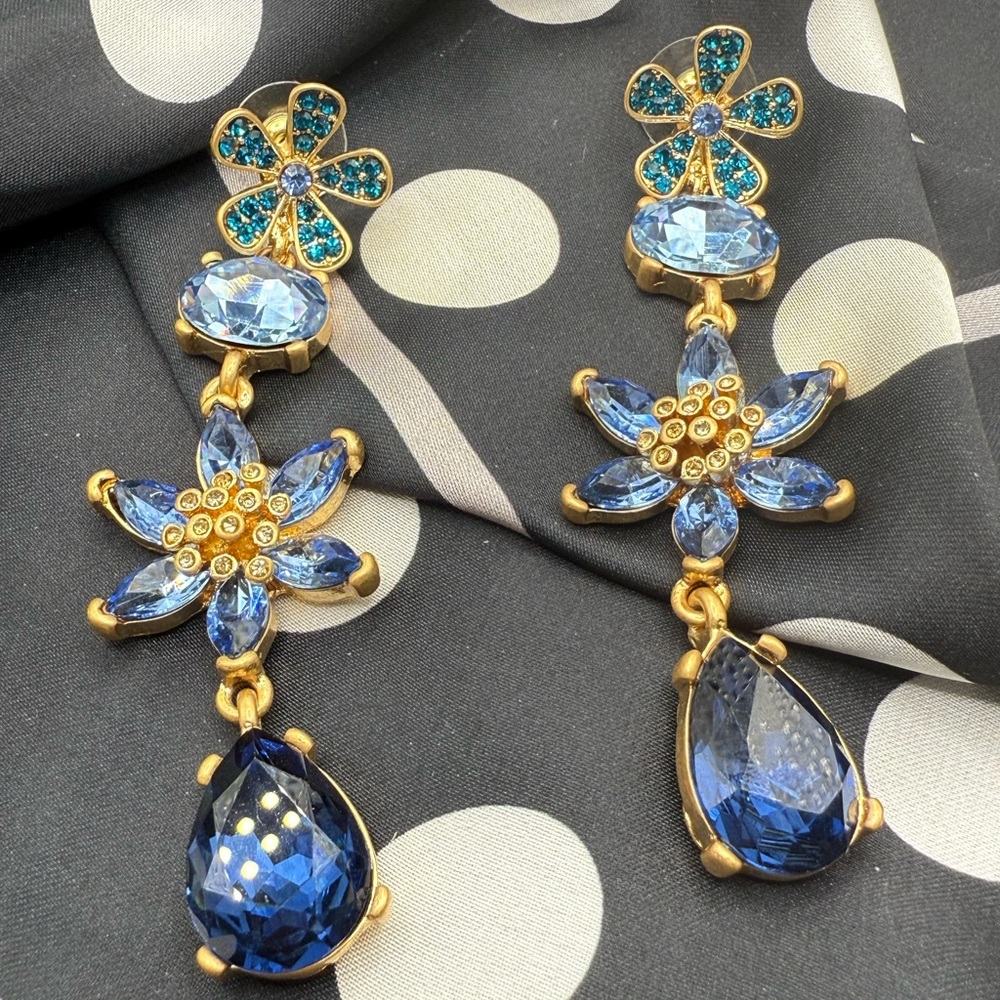 Oscar de la Renta Blue Floral Crystal Drop Earrings